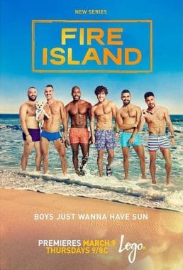 The queer tv series poster for Logo's "Fire Island", showing the six gay guys shirtless walking along the beach.